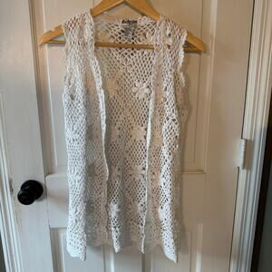 Vintage Crochet Flower Vest White Button Front Boho Cottagecore Size L